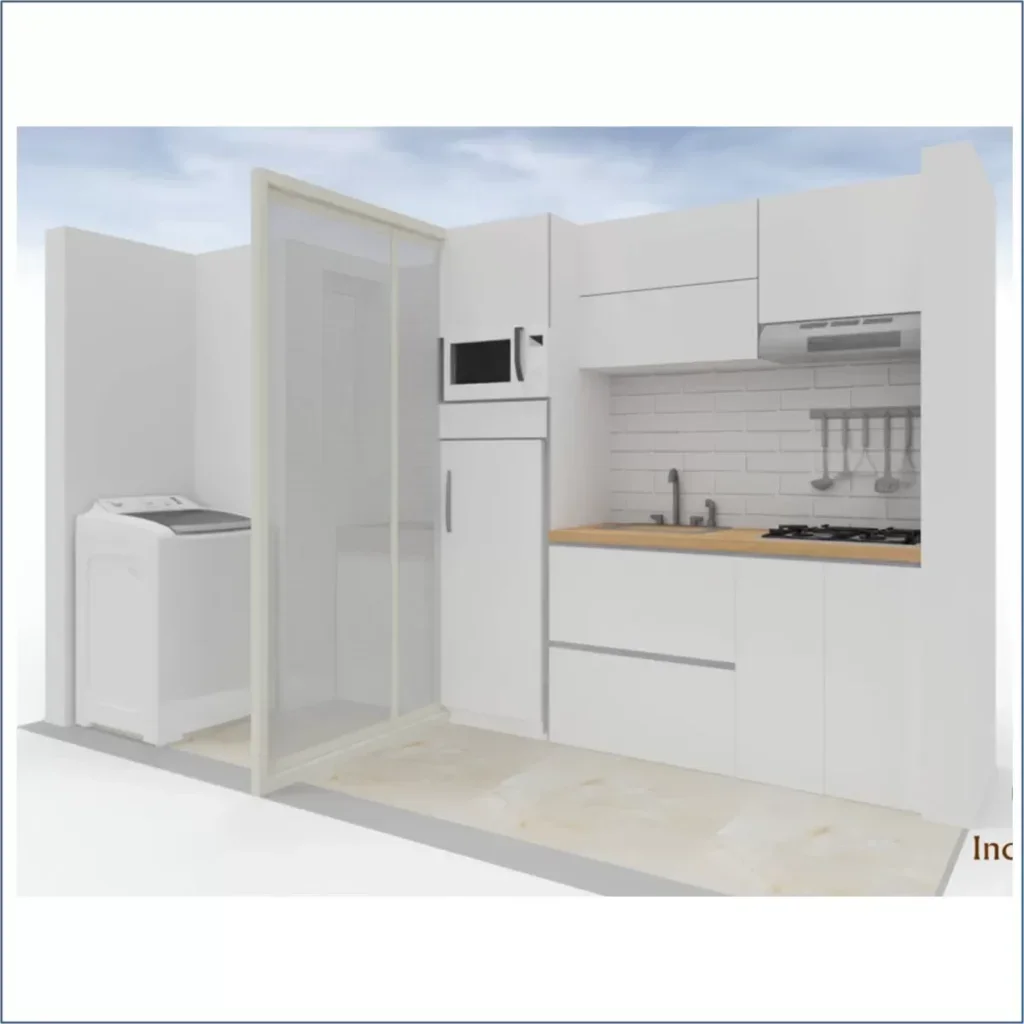 Cocina integral pequeña con área para lavadora 05