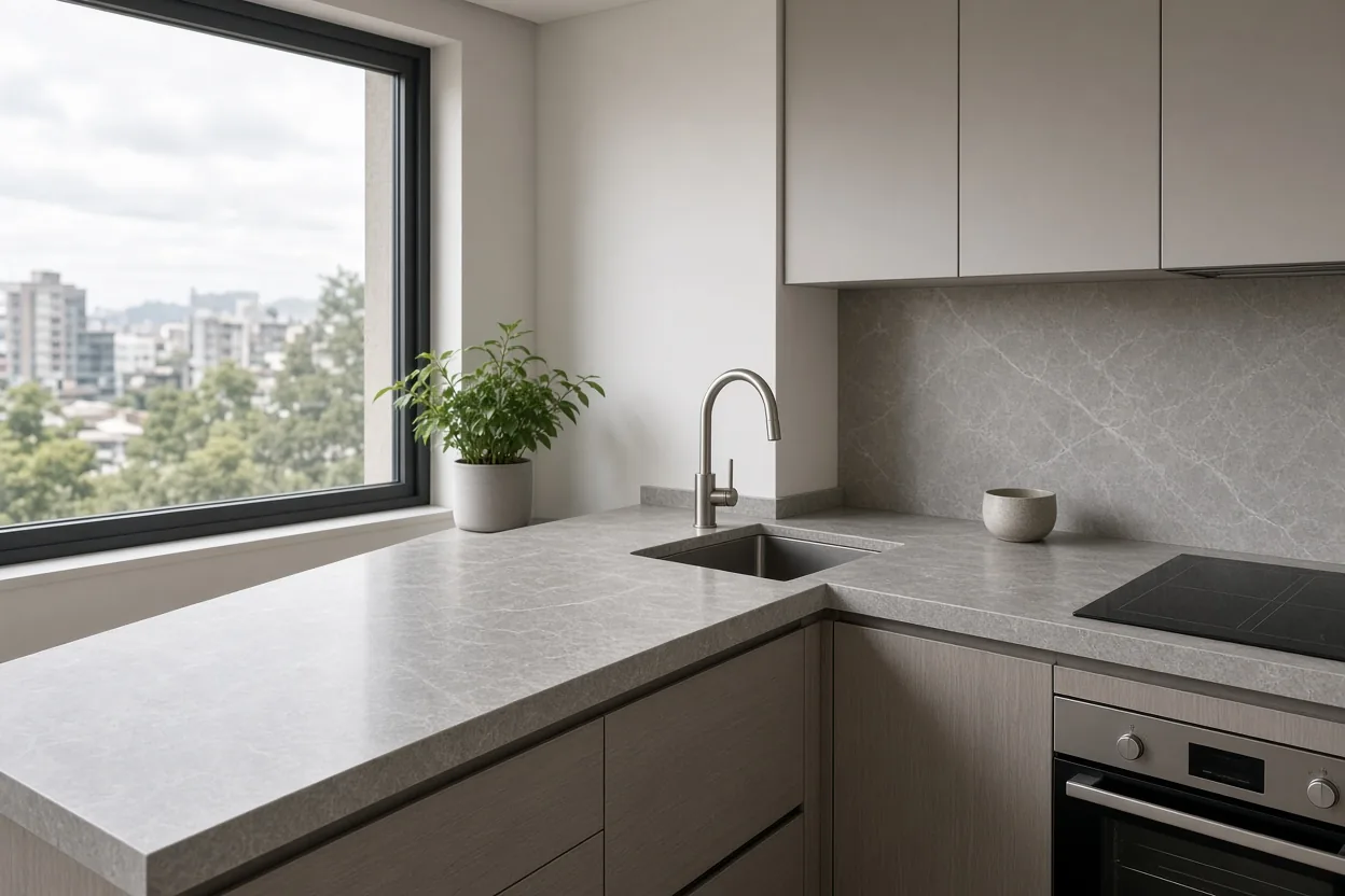 Cocina con mesón en piedra y frentes melamínicos