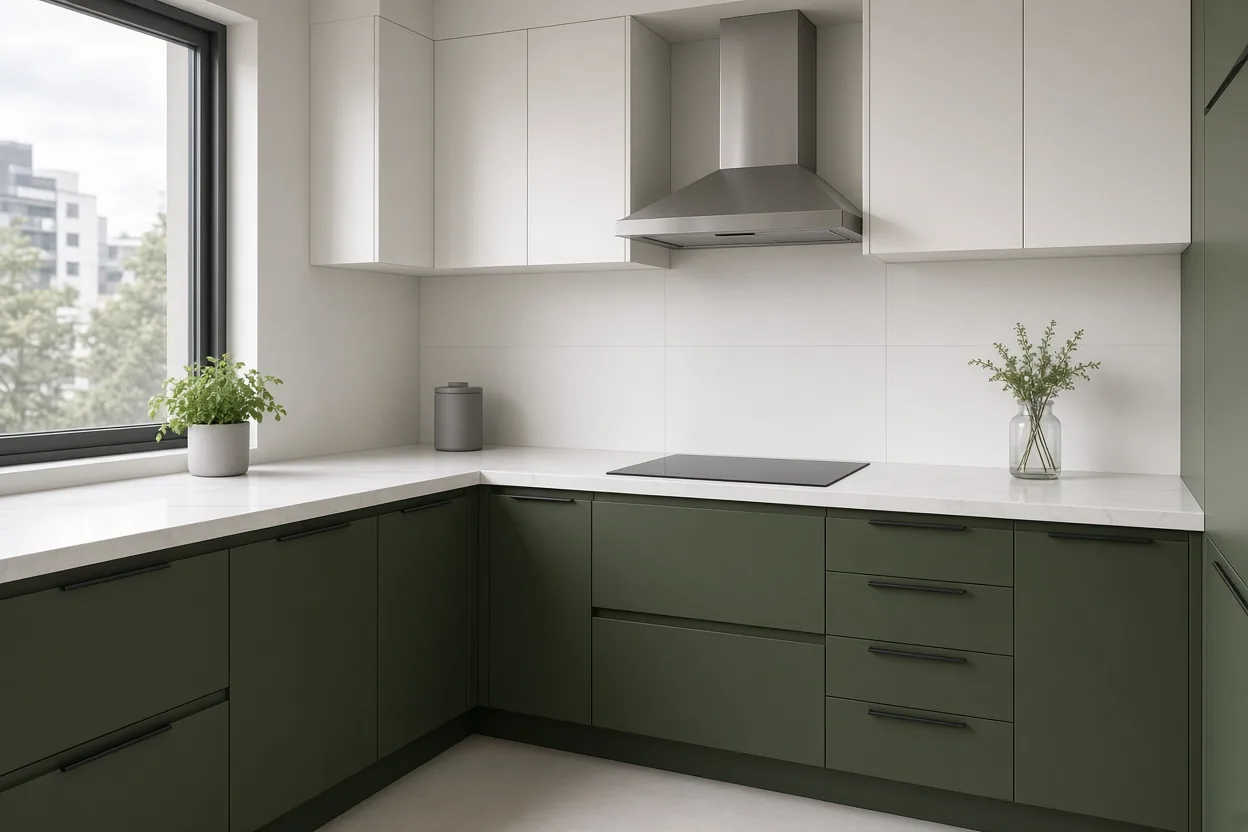 Cocina Integral Verde Oliva con Cuarzo Blanco en Bogotá