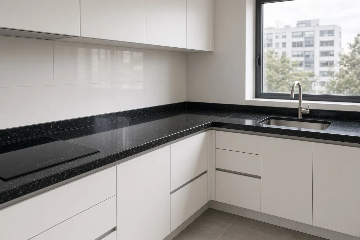 Cocina Integral en L Blanca con Granito Negro en Bogotá