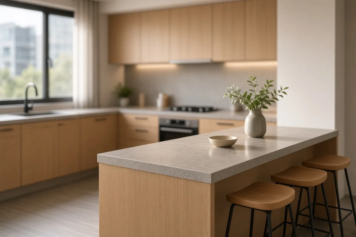 Cocina Integral Lineal con Isla en Tono Cálido en Bogotá