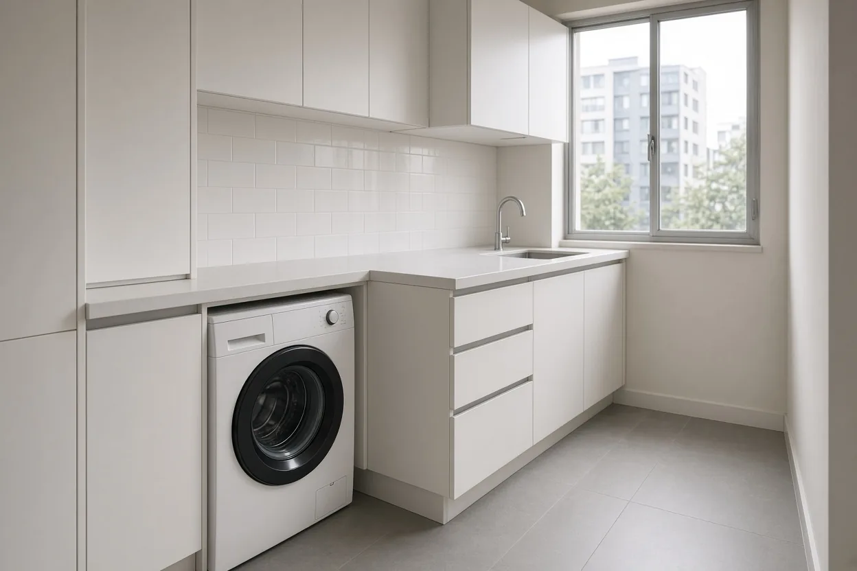 Cocina integral pequeña con área para lavadora en Bogotá