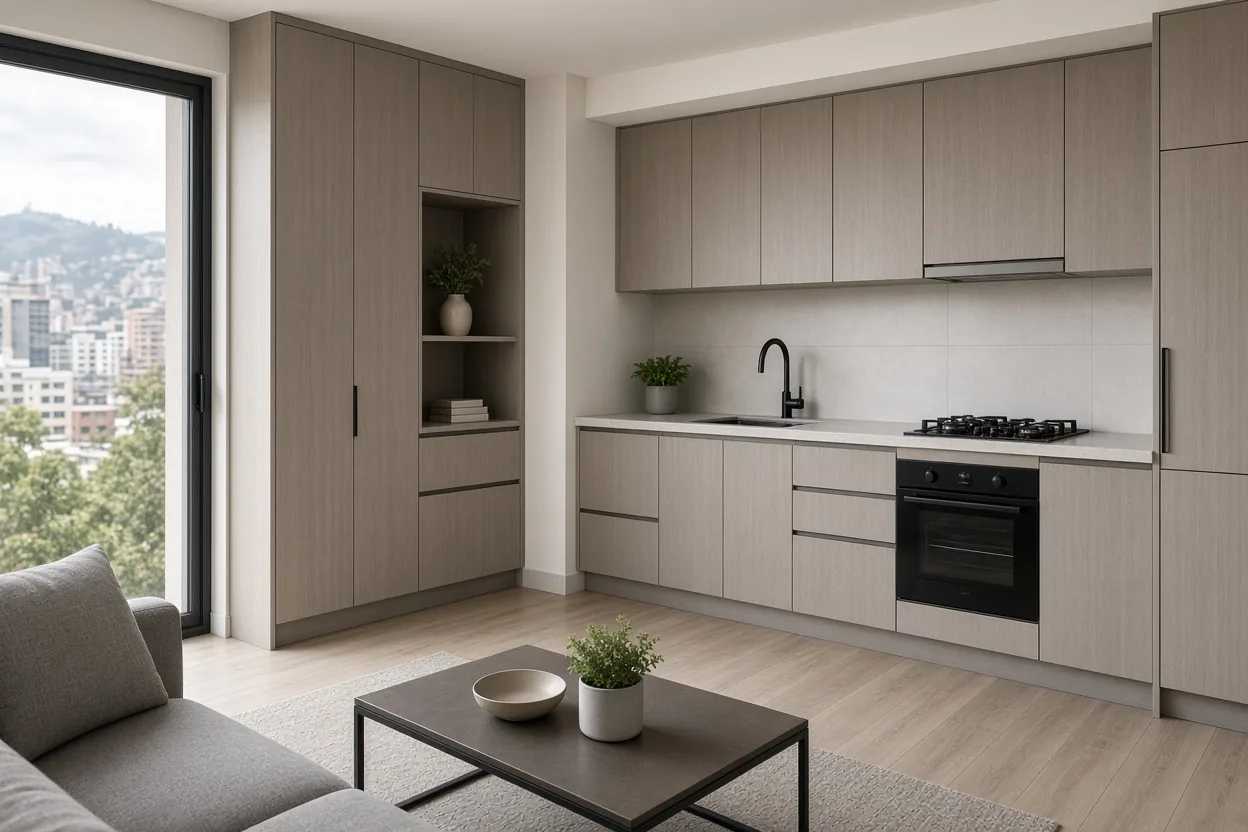 Sala con cocina integrada y carpintería a medida